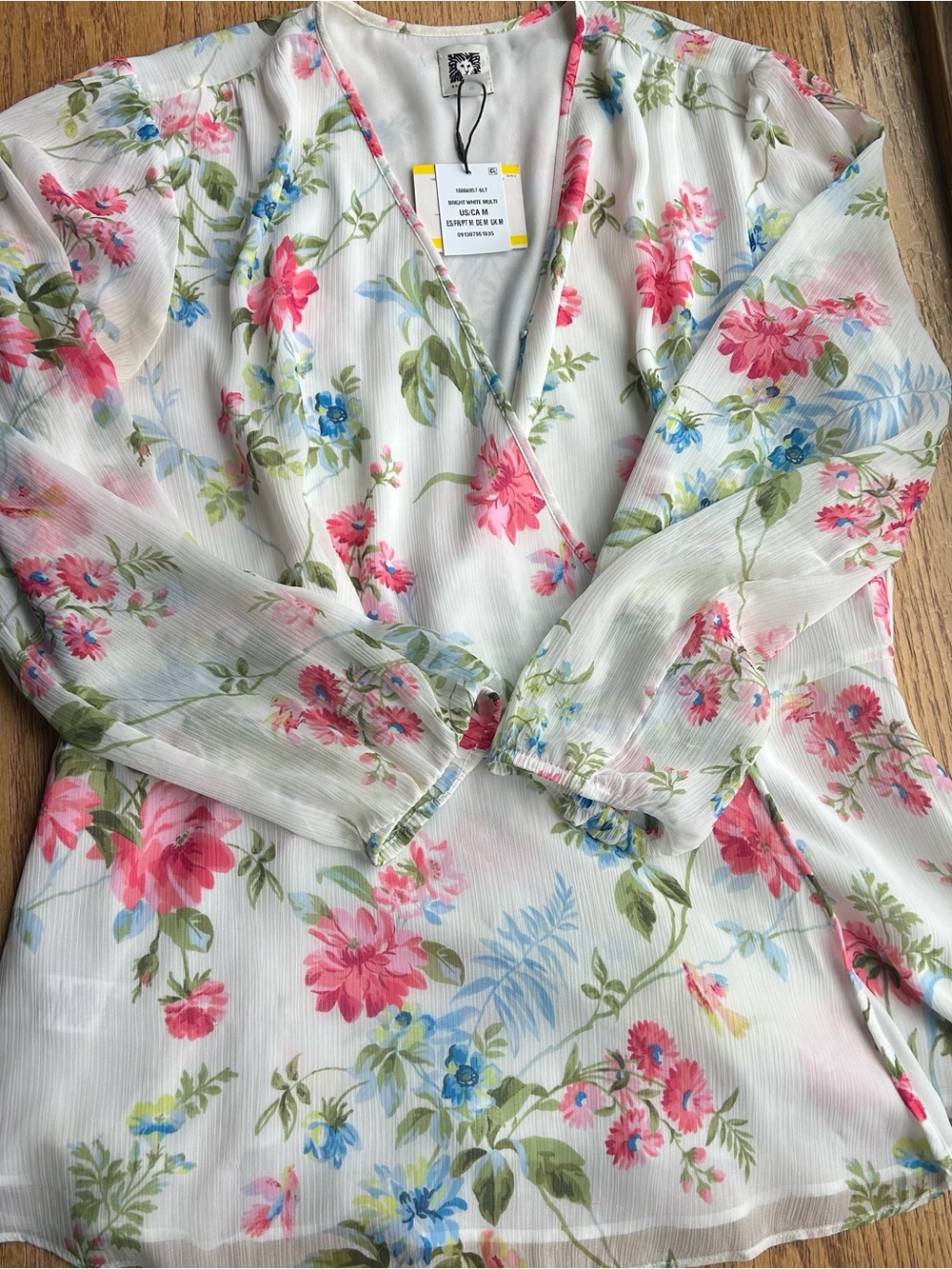 Anne Klein Floral Wrap Blouse in White Pink Blue Peplum Style Sz M Long Sleeve